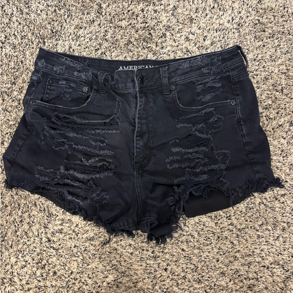 American Eagle Outfitters Black Distressed High-Rise Denim Shorts